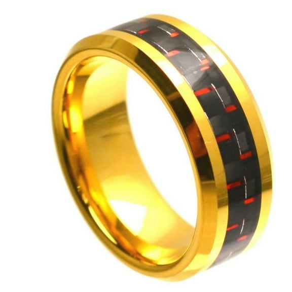 Custom Personalized Engraving Wedding Band Ring Set for Him & Her - 8mm Yellow Gold Plated High Polish with Red & Black Carbon Fiber Inlay Beveled Edge