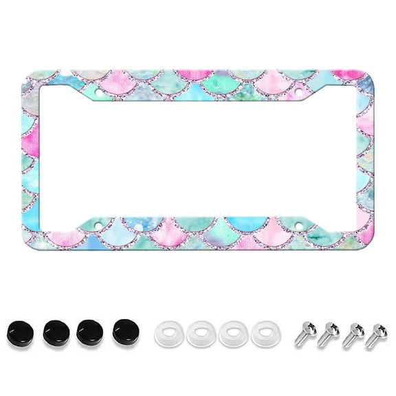 Colored Mermaid Scale Style License Plate Frame Stainless Steel License Plate Frame Rust-proof Auto parts Colored License plate cover trim with screw dimensions, 12.2 "x 6.3"