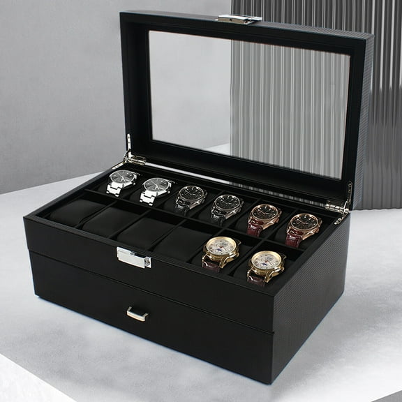 24 Slots Watch Box Display Case Organizer Carbon Fiber Jewelry Storage Holder with Lock