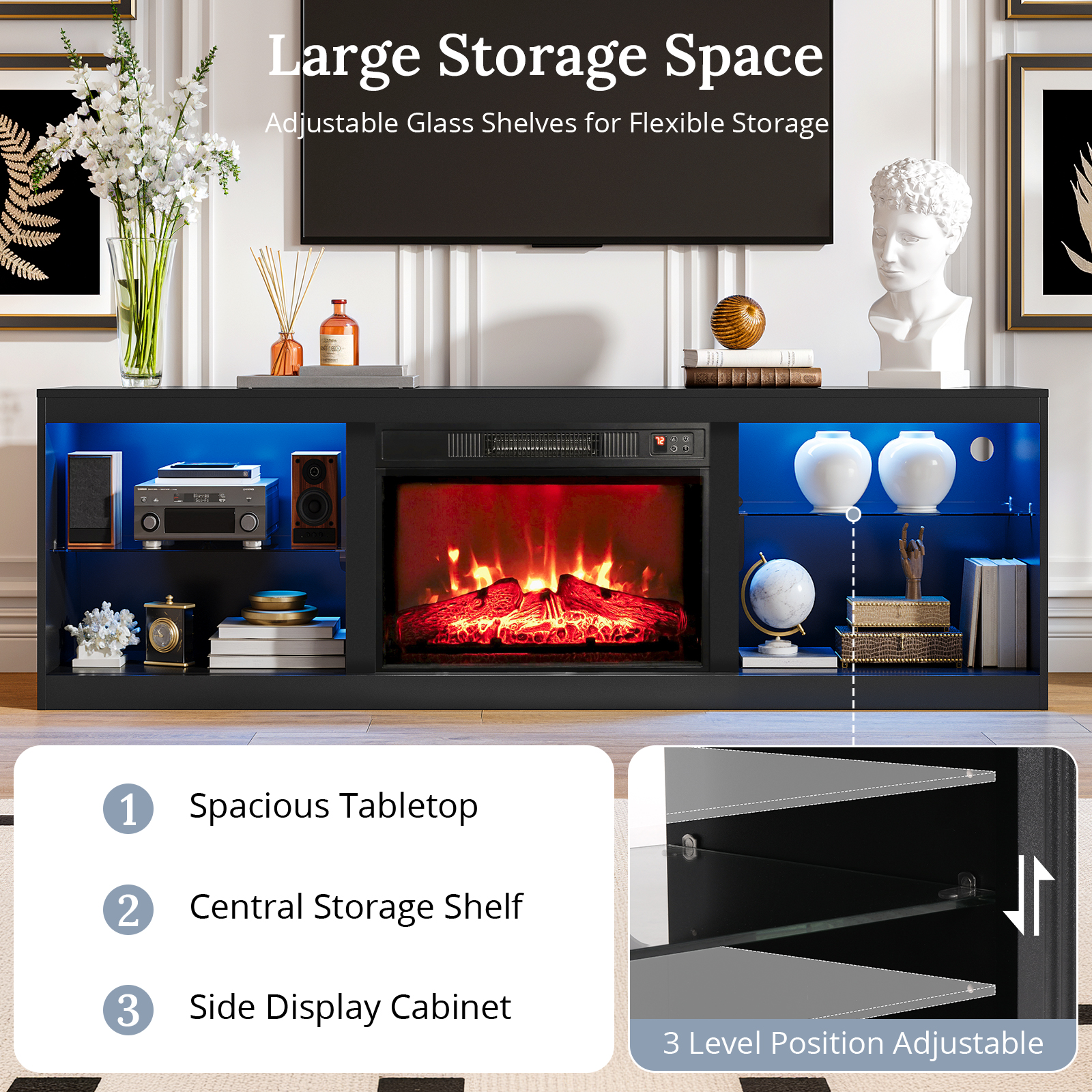 Holliwill 70" Fireplace TV Stand with LED Lights, Black photo 3