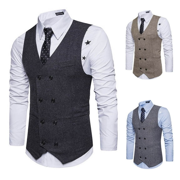 Miluxas Classic Men's Waistcoat Slim Fit Tweed Wool Herringbone V Neck Double Breasted formal Vest for Wedding Groomsmen Dark Gray