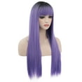 thumbnail image 2 of RightOn 28" Purple Wig Straight Long Hair Wigs with Bangs Women Black Ombre Purple Wigs Synthetic Natural Looking Wig with Wefted Wig Cap, 2 of 7