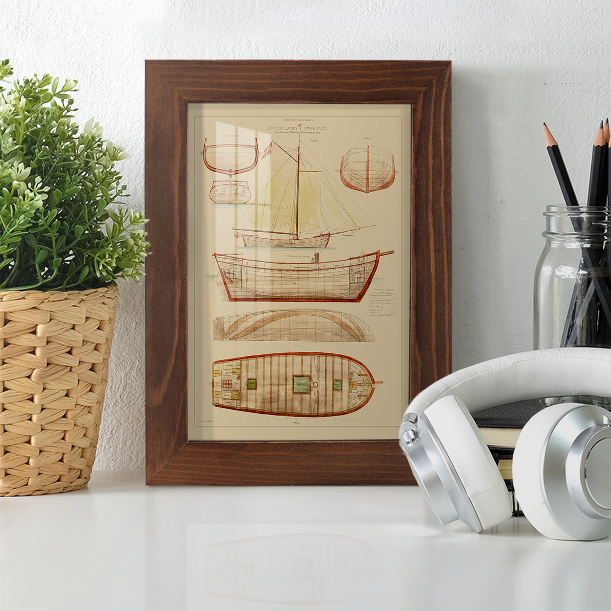 Antique Ship Plan III -Framed Print w/glass-Chestnut