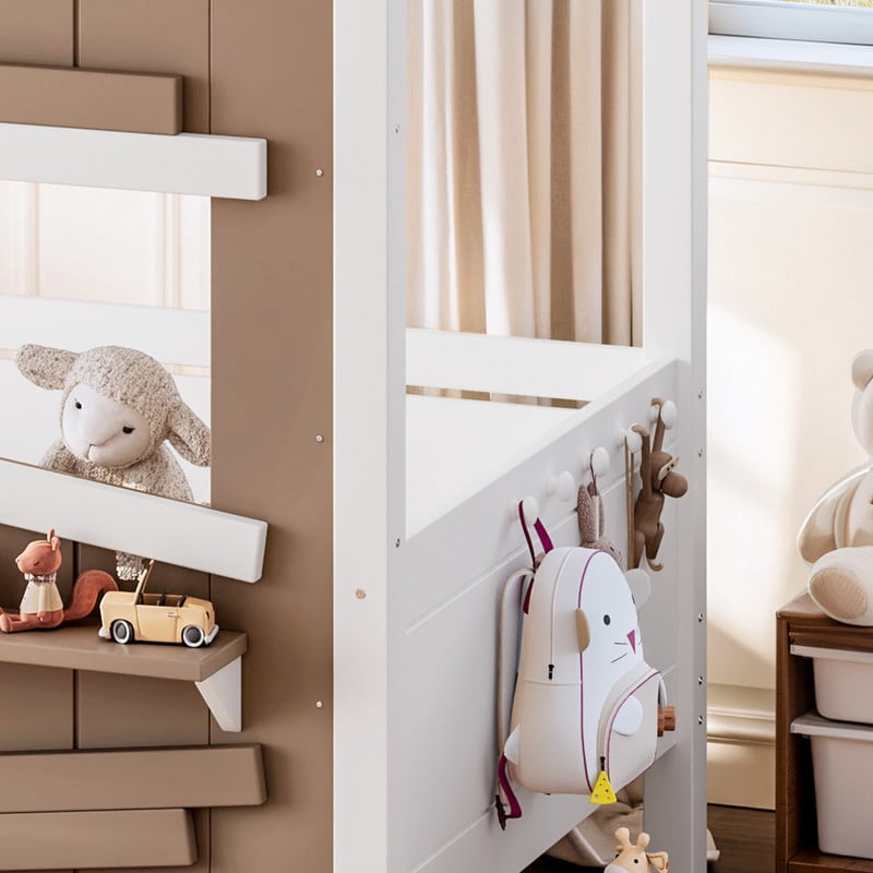 Twin House-Shaped Kid's Bed with Built-in Bookshelf & Light Bulb, Wooden Platform Bed Frame with 2 Drawers & 5 Round Hooks