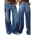 thumbnail image 3 of Womens Wide Straight Leg Mid Rise Baggy Pocket Denim Jeans Without Belt Blue XL, 3 of 9