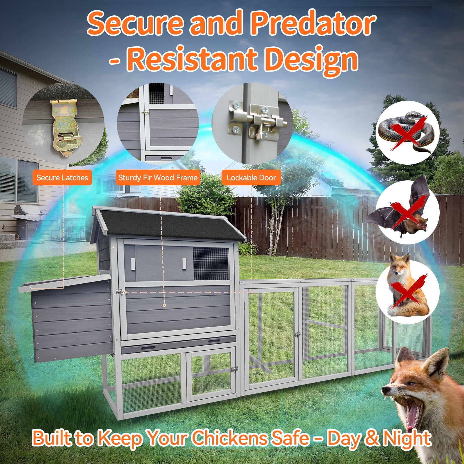 Gray Wooden Chicken Coop, Large Outdoor Hen House with Run and Nesting Box Poultry Cage, Rabbit Hutch, Waterproof Anti-UV Panel for Backyard