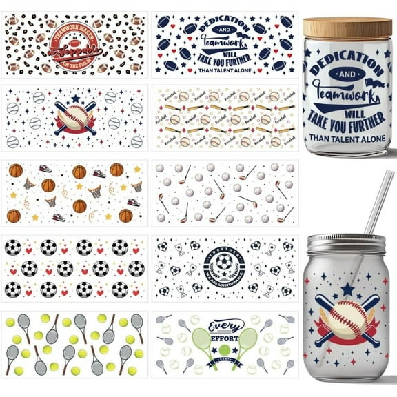 10 Pcs Sports Theme UV DTF Cup Wrap Transfer Sticker 10 Styles Baseball Football Basketball Transfer Paper PVC Waterproof Rub Decals