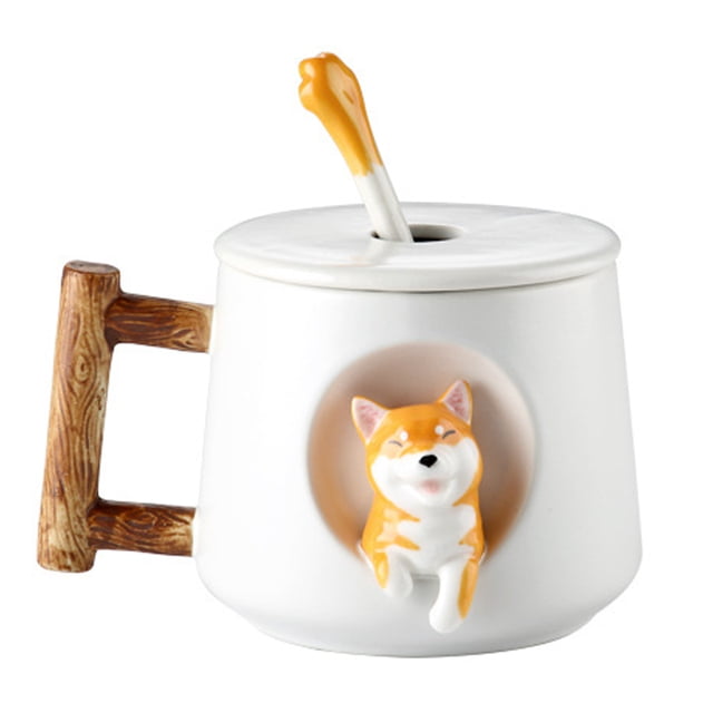 Taza de café de cerámica, taza con patrón de animal Shiba Inu 3D, mango de diseño de madera interesante y cuchara a juego, muy adecuada para regalos, 420 ml.