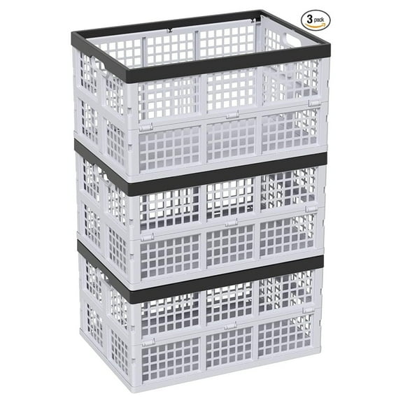 Pack of 3 Collapsible Storage Container Crates, Large Folding Basket Box with Handle, Grey, 42 L