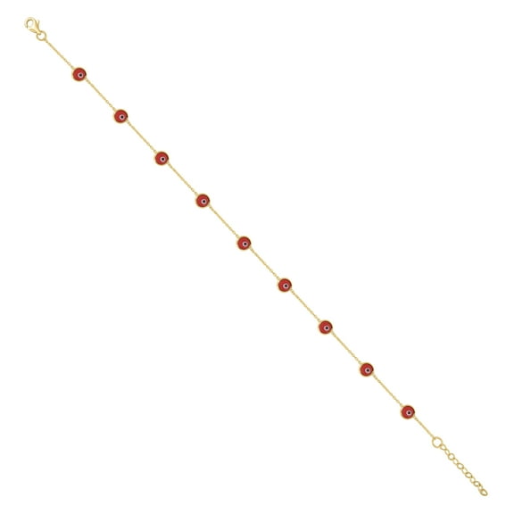10K Yellow Gold Women's Red & Black Enameled Evil Eye Cable Anklet 9" 1" Ext