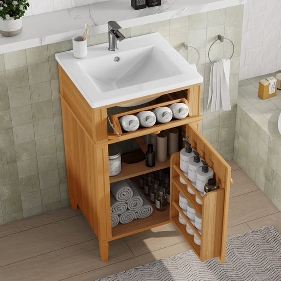 20" Small Bathroom Vanity with Sink, Soft-Close Hinge, Tilt-Out Drawer, Adjustable Shelf, Solid Pine Wood Legs & Wood Knobs, Modern Freestanding Cabinet for Powder Room, Natural Wood