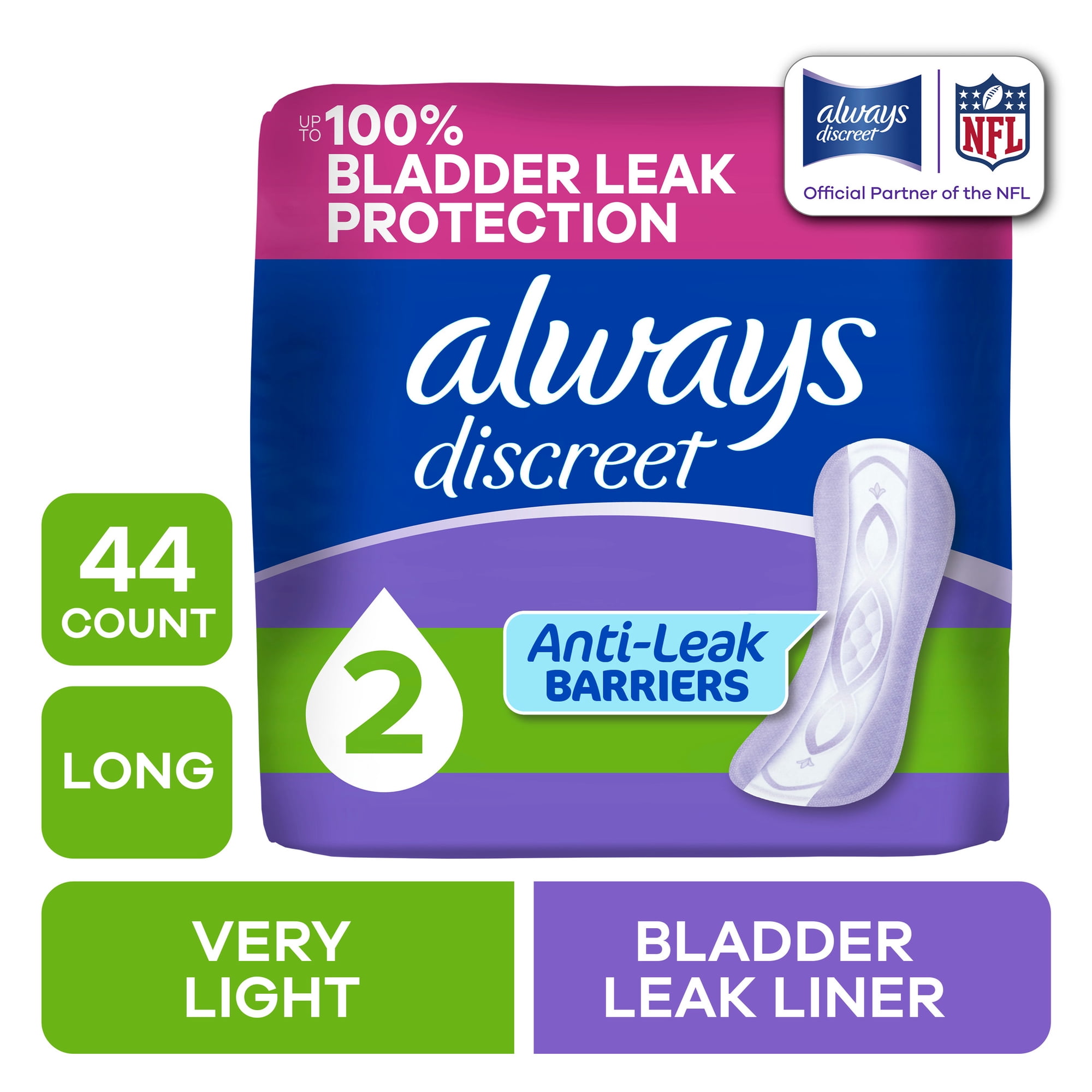 Always Discreet Incontinence Panty Liners for Bladder Leaks, Size 2, Very Light Absorbency, Long Length, 44 Count