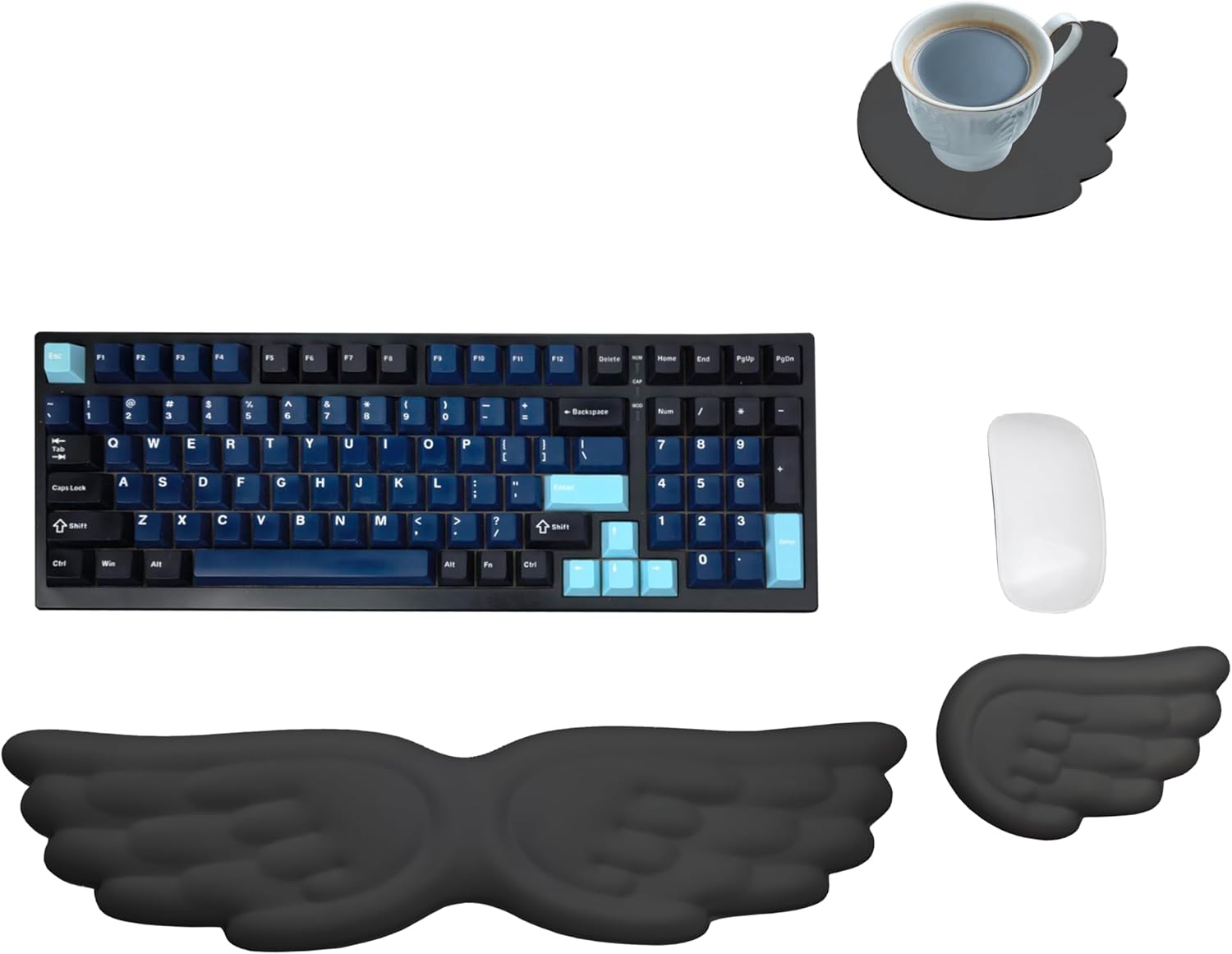 Angel Wing Wrist Rest,Cute Wrist Rest for Keyboard and Mouse,Hand Rests Set Include Ergonomic Keyboard & Mouse Hand Rest and Coaster,Filled Resilient Memory Foam,for Work,Study,Gaming (Black)