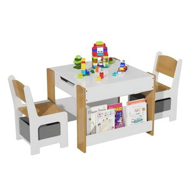 Kids Table and Chair Set - 4 in 1 Wooden Activity Table & 2 Chairs, Storage Drawer, Detachable Tabletop, for Drawing, Reading, Crafts, Art, Homework