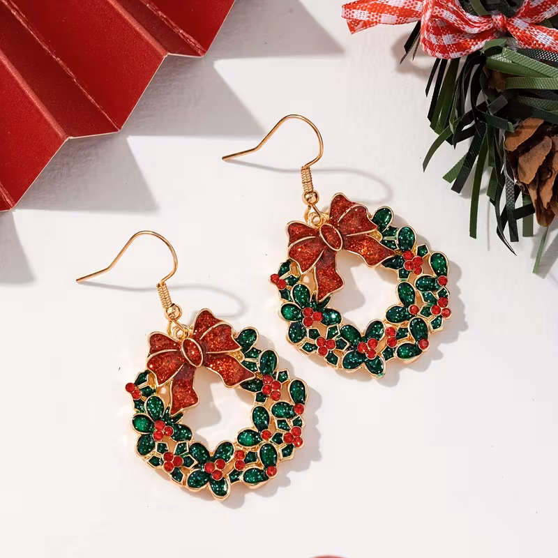 Christmas Wreath Dangle Earrings for Women Cubic Zirconia Bowknot Glitter Enamel Dangle Drop Earrings Christmas Festive Holiday Jewelry