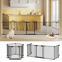 LUCKUP Freestanding Dog Gates with Door Walk Through, Extra Wide Doggy Door 125" W x 29" H Pet Gate Safty 5 Panels Dog Fence for Stairs, Doorways
