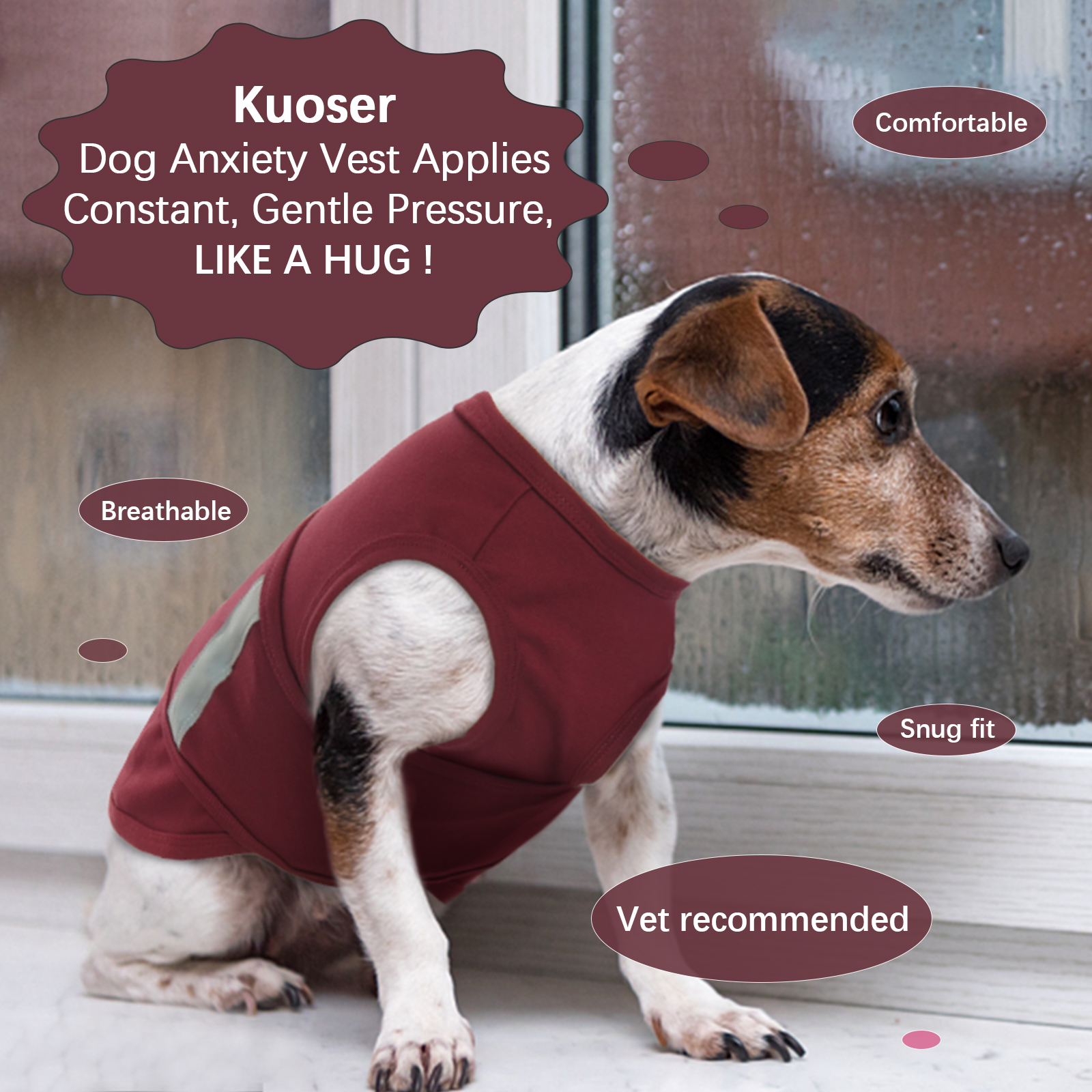 Kuoser Dog Anxiety Vest, Soft and Reflective Calming Shirt for Dogs, Breathable Pet Anxiety Jacket Wrap for Fireworks, Thunderstorms, Separation, Travel, Burgundy, Small