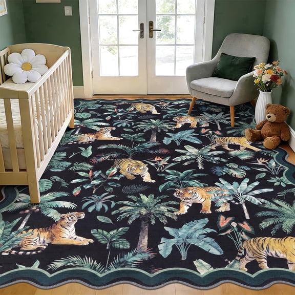 MJIAexp Jungle Animal Print 8x10 Area Rugs for Living Room, Green Soft Washable Rugs for Bedroom Ultra-Thin Non-Slip Modern Rug, Stain Resistant Rug Carpet for Dining Room