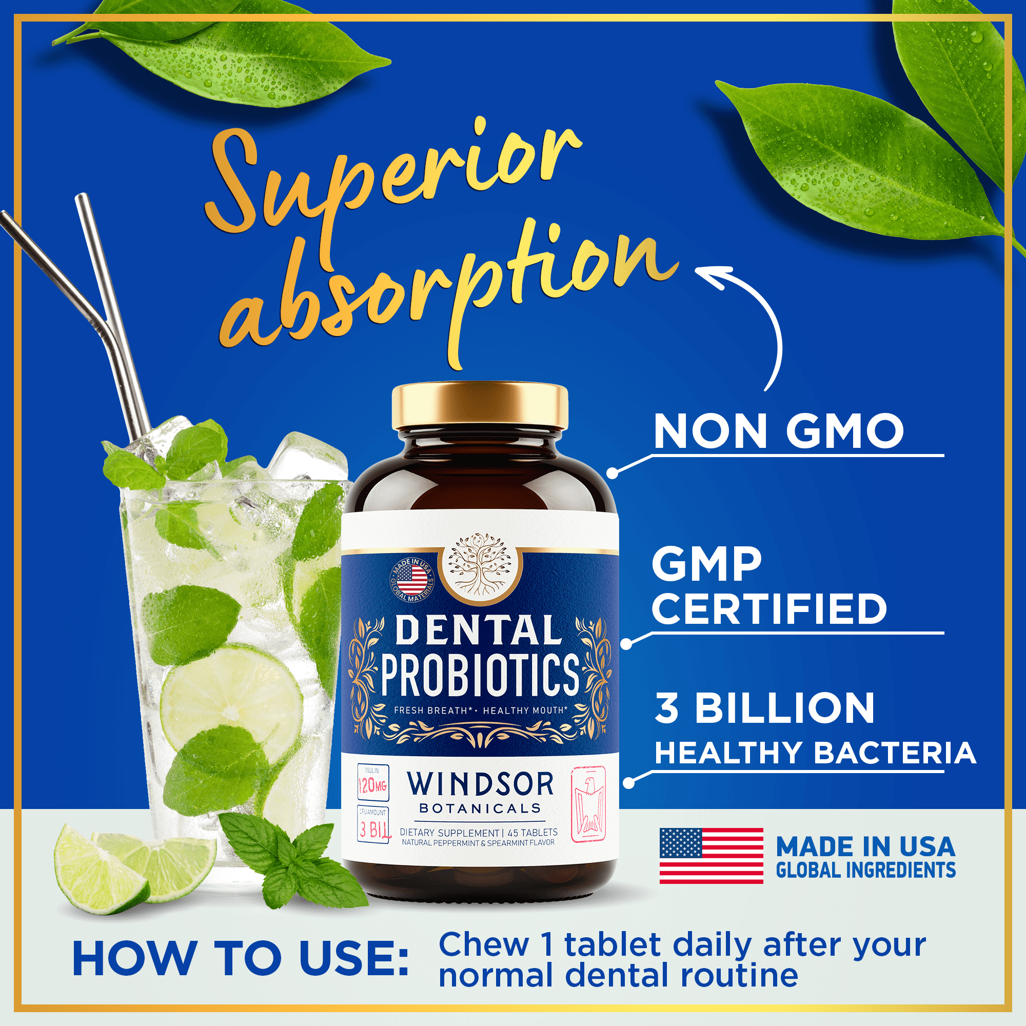 Windsor Botanicals Dental Probiotics for Bad Breath - 3bn CFU - 45 Tablets