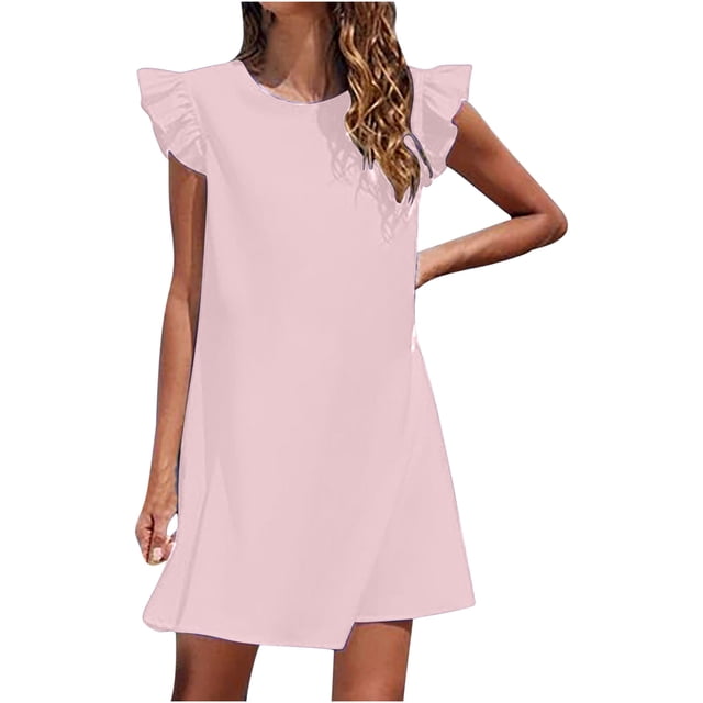 Abcnature Robe Mini Sans Manches Col Rond - Robe d'Été Décontractée pour Femmes Couleur Unie Ample Confortable avec Design Élégant