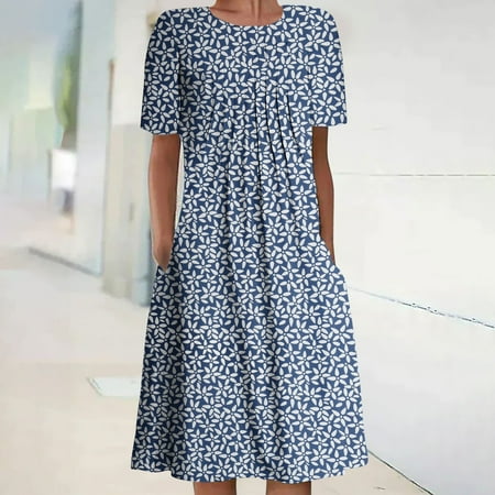 CALAFEBILA Women Midi Dress Temperament Crew Neck Short Sleeve Print Reducing Waistline Hem Summer Womens Dress Long Dress