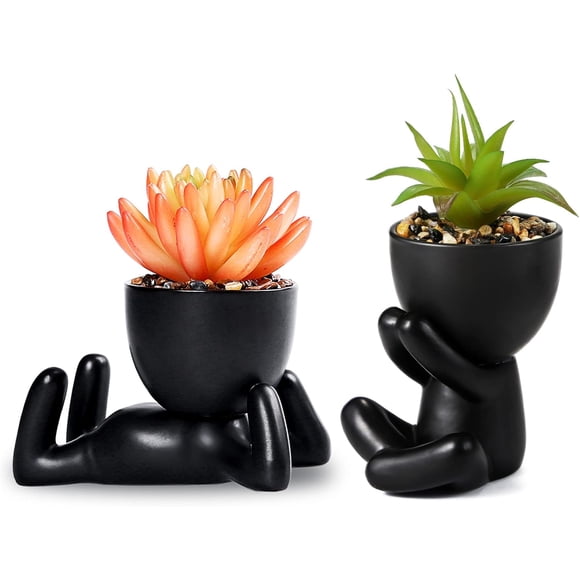 SUTINE 2PCS Fake Succulents Plants Artificial Plants in Pots, Small Fake Plants in Cute Human Shaped Ceramic Pots, Mini Potted Succulents for Bathroom, Bedroom, Window Sill Office Desk Decor, Black