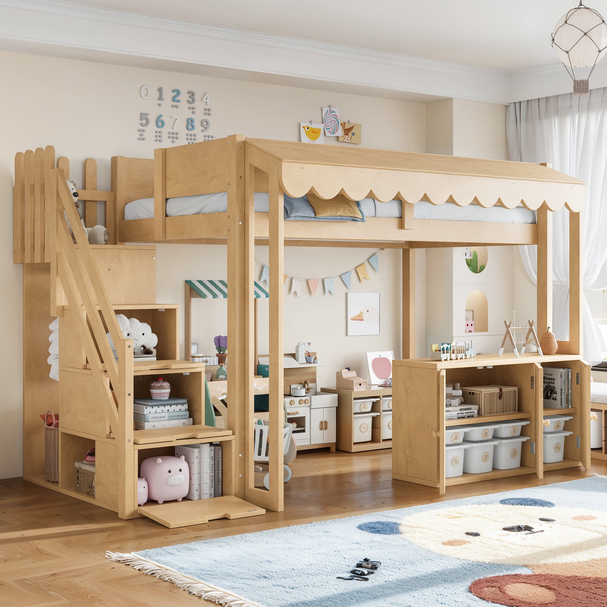Leumius Twin over Twin Size Playhouse Loft Bed with Storage Stairs, Solid Wood Loft Bed with Pretend Convenience Store Counter, Convertible Underbed Space for Sleep or Play Natural