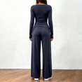 thumbnail image 5 of NMMUED Comfy Lounge Sets for Women Long Sleeve Surplice Tunic Pleated Wide Leg Pants 2 Piece Outfits Casual Vacation Suit Dark Blue S, 5 of 8