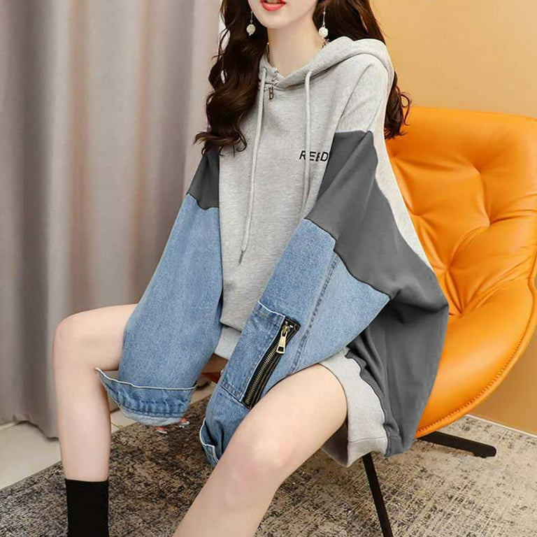 nsendm Womens Loose Pullover Tops Denim Sleeve Splicing Hooded Sweatshirt  Dressy Casual Young Womens Jackets Coat Grey Medium