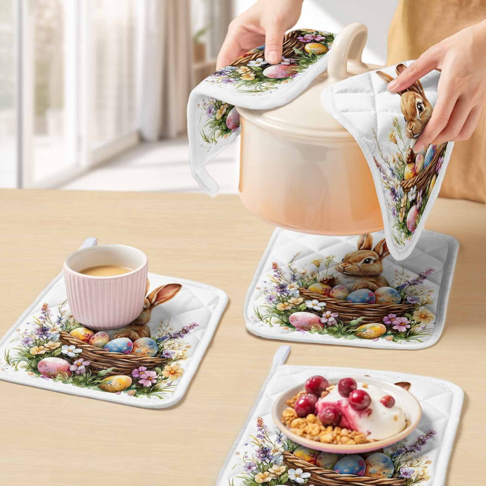 Spring Easter Pot Holders for Kitchen Heatproof Potholder, 4 Pack Colorful Eggs Bunny Botanical Floral Hot Pads Multipurpose Oven Pads Cloth Potholders Trivet for Cooking and Baking