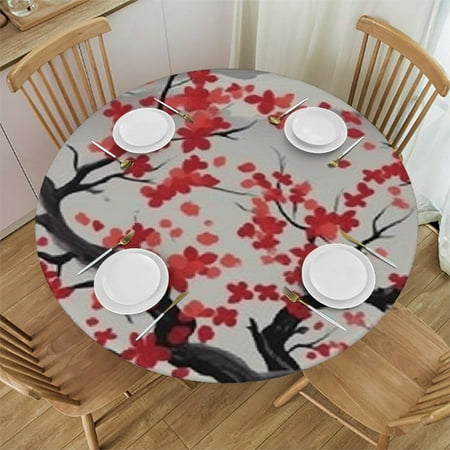 

Ullo0ord Japanese Cherry Blossoms Pattern Round Fitted Tablecloth Elastic Edge Waterproof Oil-Proof Table Cover Stain-Resistant Table Cloth Fits Round Tables 38 -42