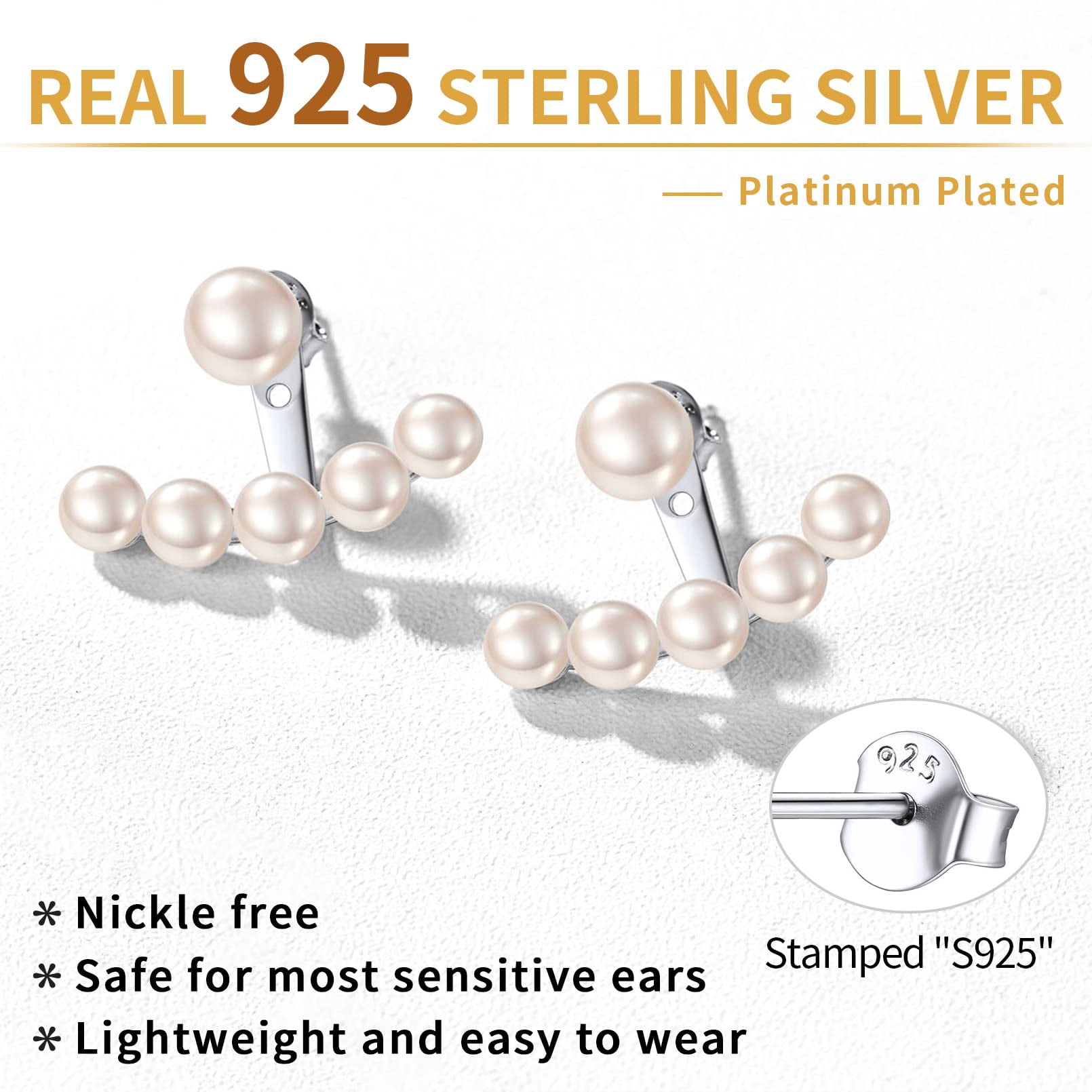 ChicSilver Ear Jacket Cuff Earrings Set Sterling Silver Round Fresh Water Pearl Stud And Jacket Ear Cuff Earrings Front Back 2 in 1