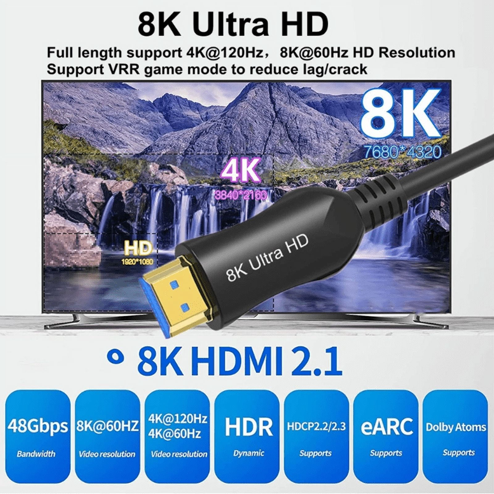 8K HDMI 2.1 Fiber Optic Cable 16ft, Ultra High Speed 48Gbps HDMI Cable, 4K 120Hz 144Hz 2K 240Hz Gaming HDMI Cable 2.1 Certified, eARC HDCP 2.2&2.3 HDR 10+ Dolby for PS5/Xbox Series X/Apple TV 8K