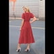 thumbnail image 3 of Vestido Rojo de Larga con Cuello en V, Plisado y Mangas Abullonadas, Talla L, 3 of 4