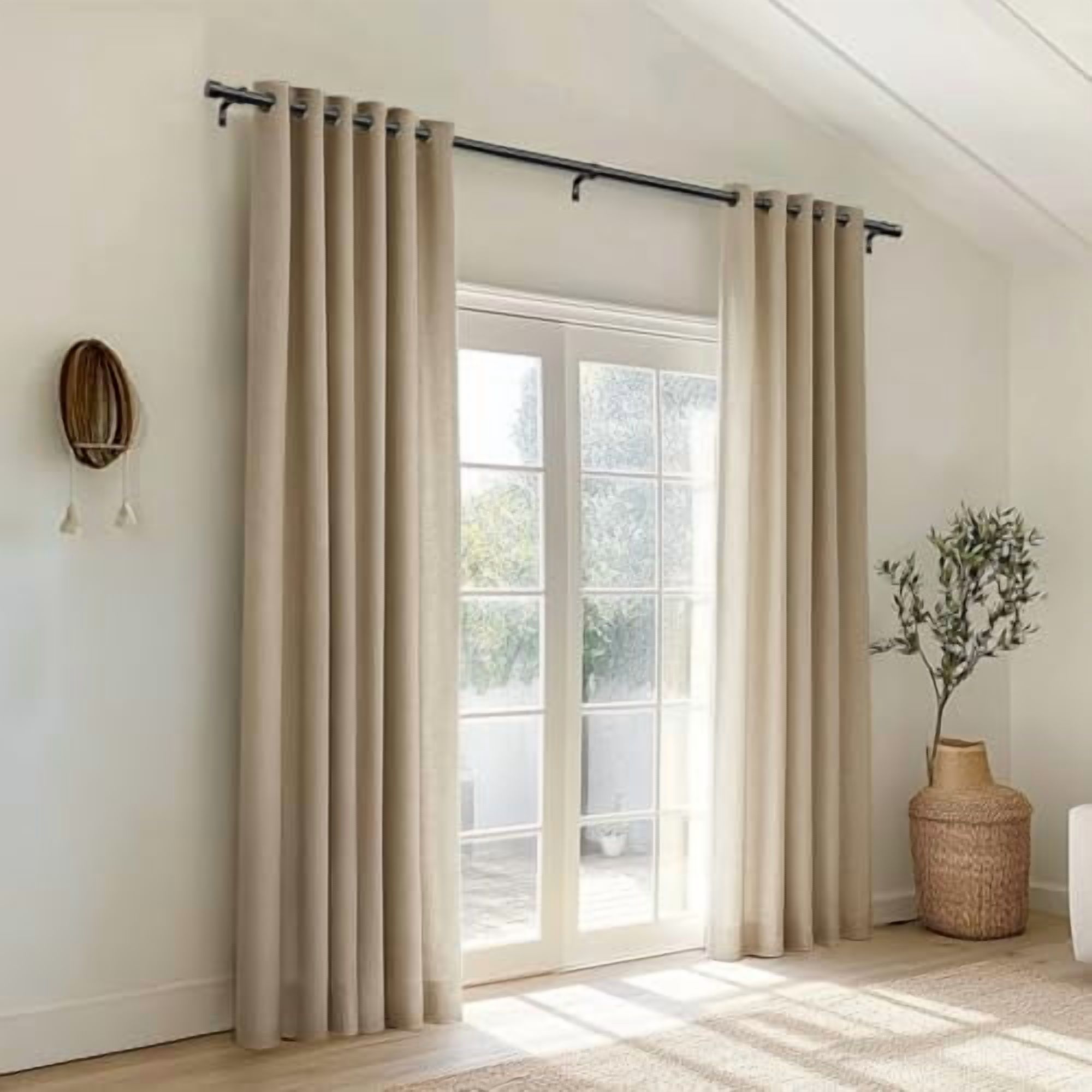 Curtain Rods for Windows 48 to 84, Black Curtain Rod, Adjustable 1 Inch Heavy Duty Outdoor/Indoor Modern Drapery Pole, 32"-86"
