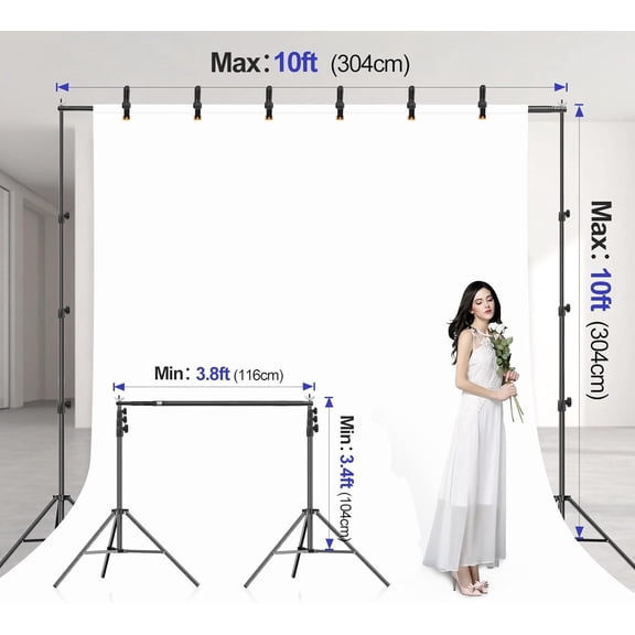 10x10FT Backdrop Stand Kit - Adjustable & Lockable Heavy-Duty Background Support System with 6 Clamps, 2 Sandbags, Carry Bag for Photography, Parties, Wedding, Video