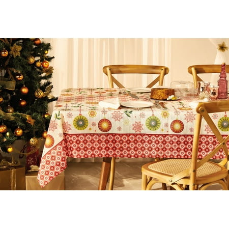 

Christmas Holiday tablecloth in Cream and red color printed with ornaments and snowflakes