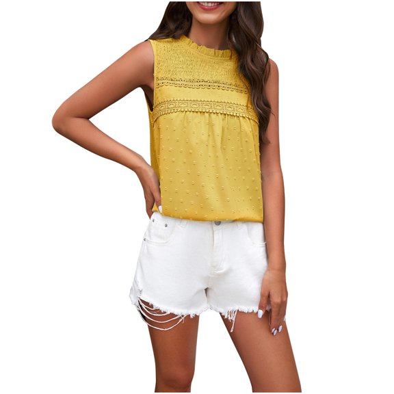 BLVB Summer Tank Tops for Women Casual Crewneck Swiss Dots Sleeveless Solid Color Going out Tee Shirts