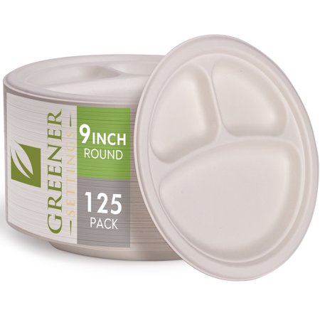 Greener Settings® 9" Unbleached Compostable Disposable Paper 3-Section Compartment Plates - 125 Count