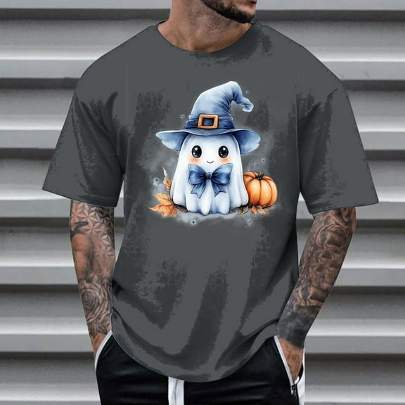 Delliss Men's Halloween Print Basic Comfy Tee Short Sleeve Simple Top Dark Gray XXXL