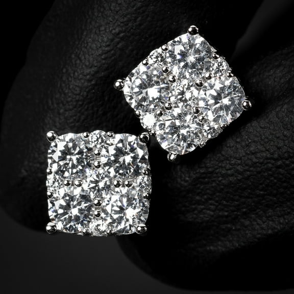 Flower Set Iced Cluster Earrings for Men Women White Gold 925 Sterling Silver Stud Earrings Hypoallergenic, 5A CZ Stone 3D Honey Comb Unisex Square Shape Hip Hop Earrings