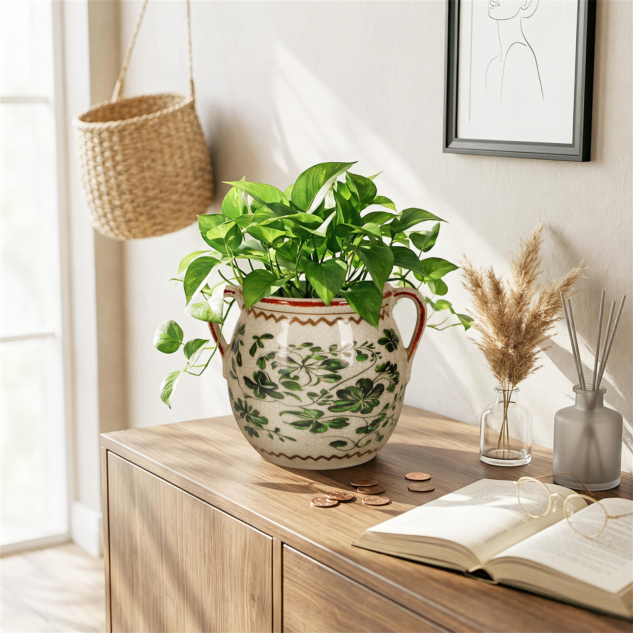 BUYMAX Sage Green Ceramic Plant Pot, Vintage Two-Handle Flower Pot with Drainage Hole for Herbs & Succulents, Indoor Outdoor Farmhouse Decor