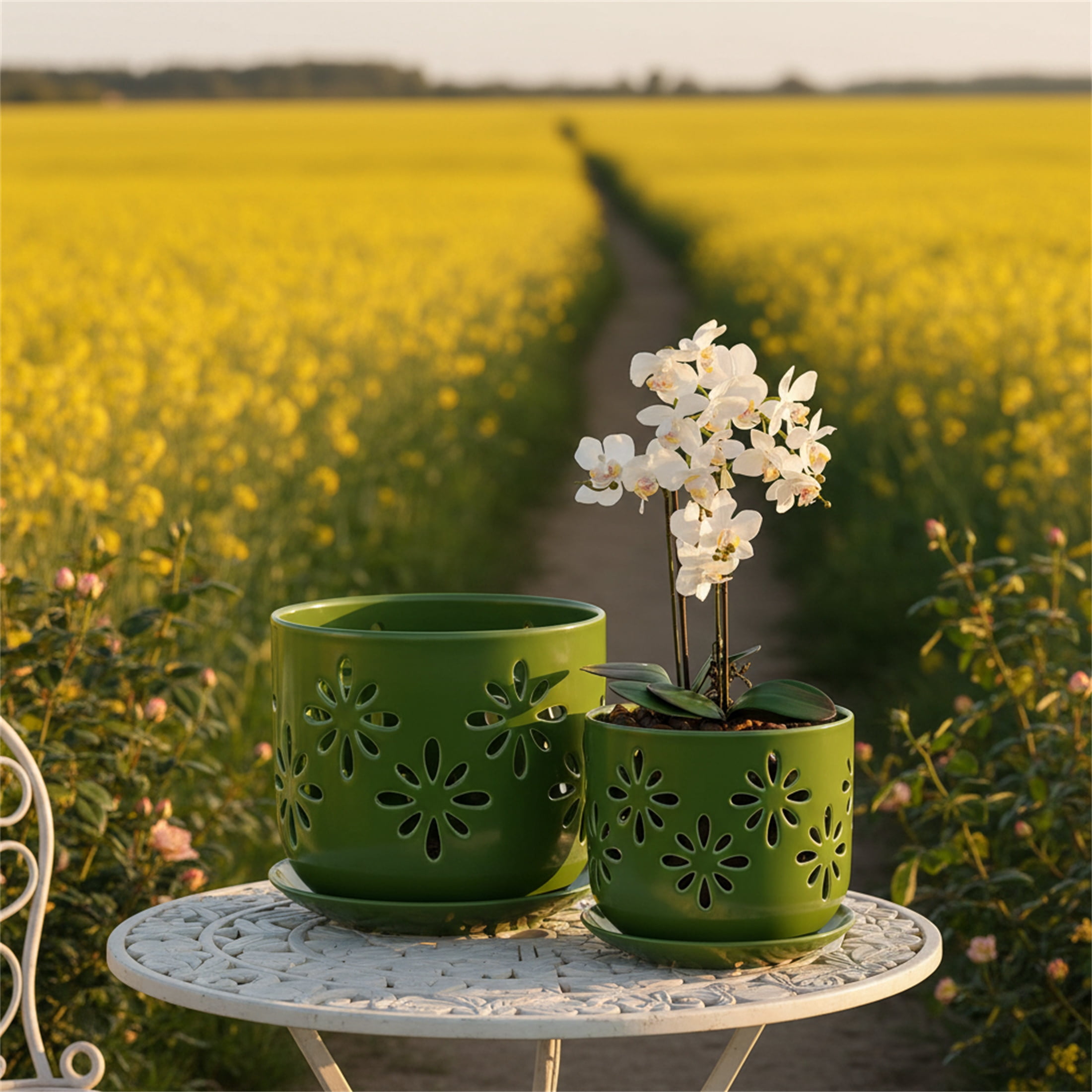 BUYMAX 5" & 6" Ceramic Orchid Pots with Holes and Trays, Blossom Geo Verdigris Patina, Set of 2