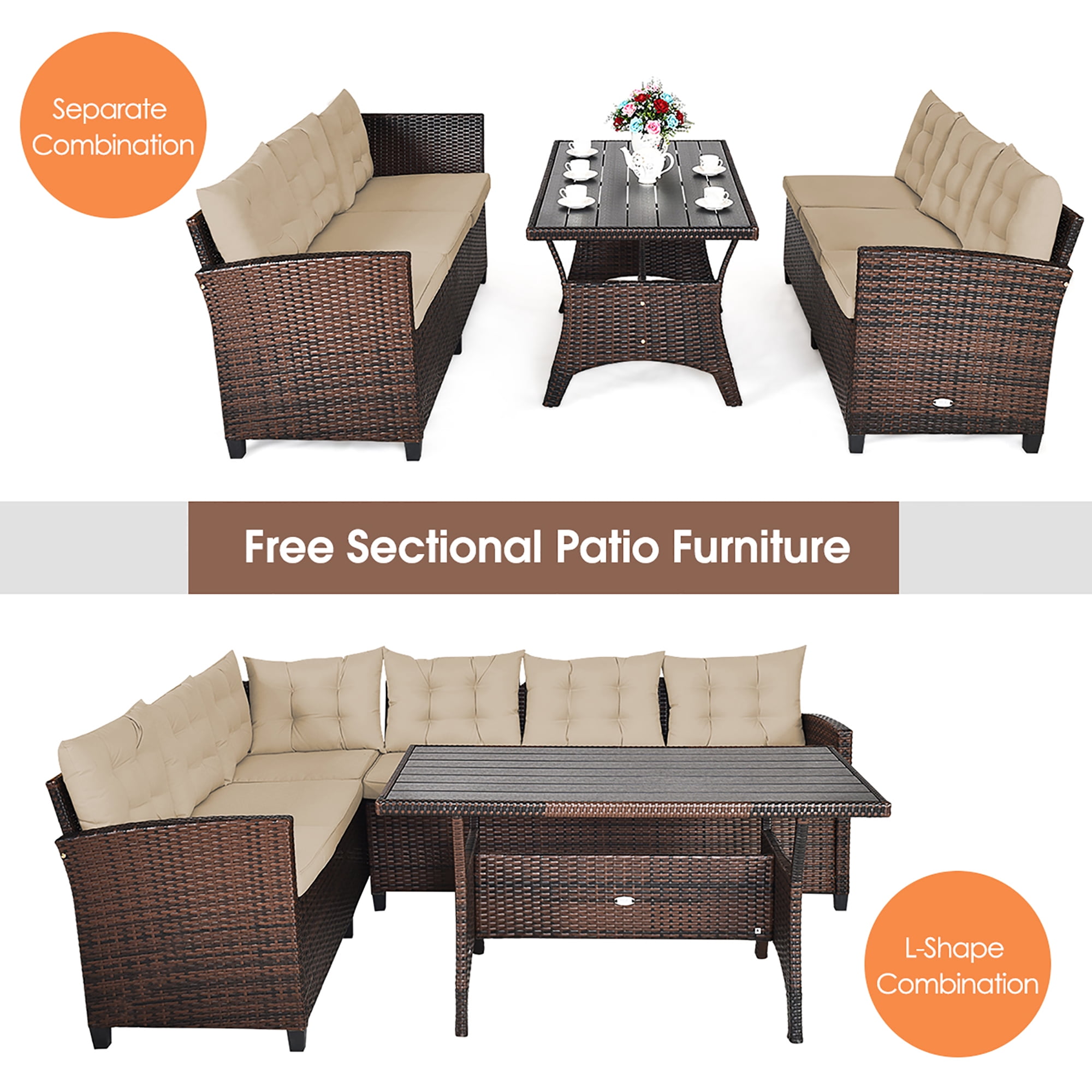 Costway 3PCS Rattan Dining Set Patio Furniture 6 Seats Sofa Cushioned