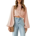 thumbnail image 2 of Seyurigaoka Female Blouse Solid Color Round Neck Long Sleeve Knotted Crop Tops, 2 of 8
