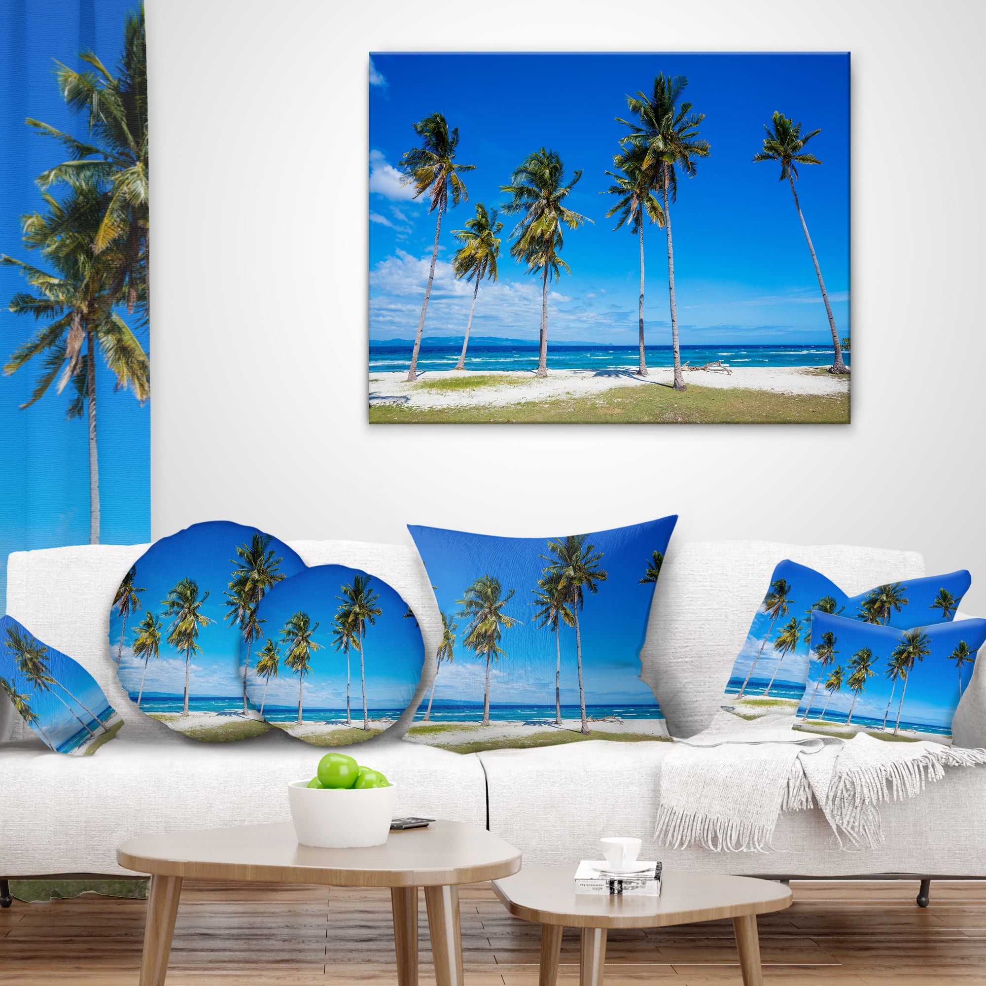 Designart Palms on Philippines Tropical Beach - Modern Seascape Throw Pillow - 18x18