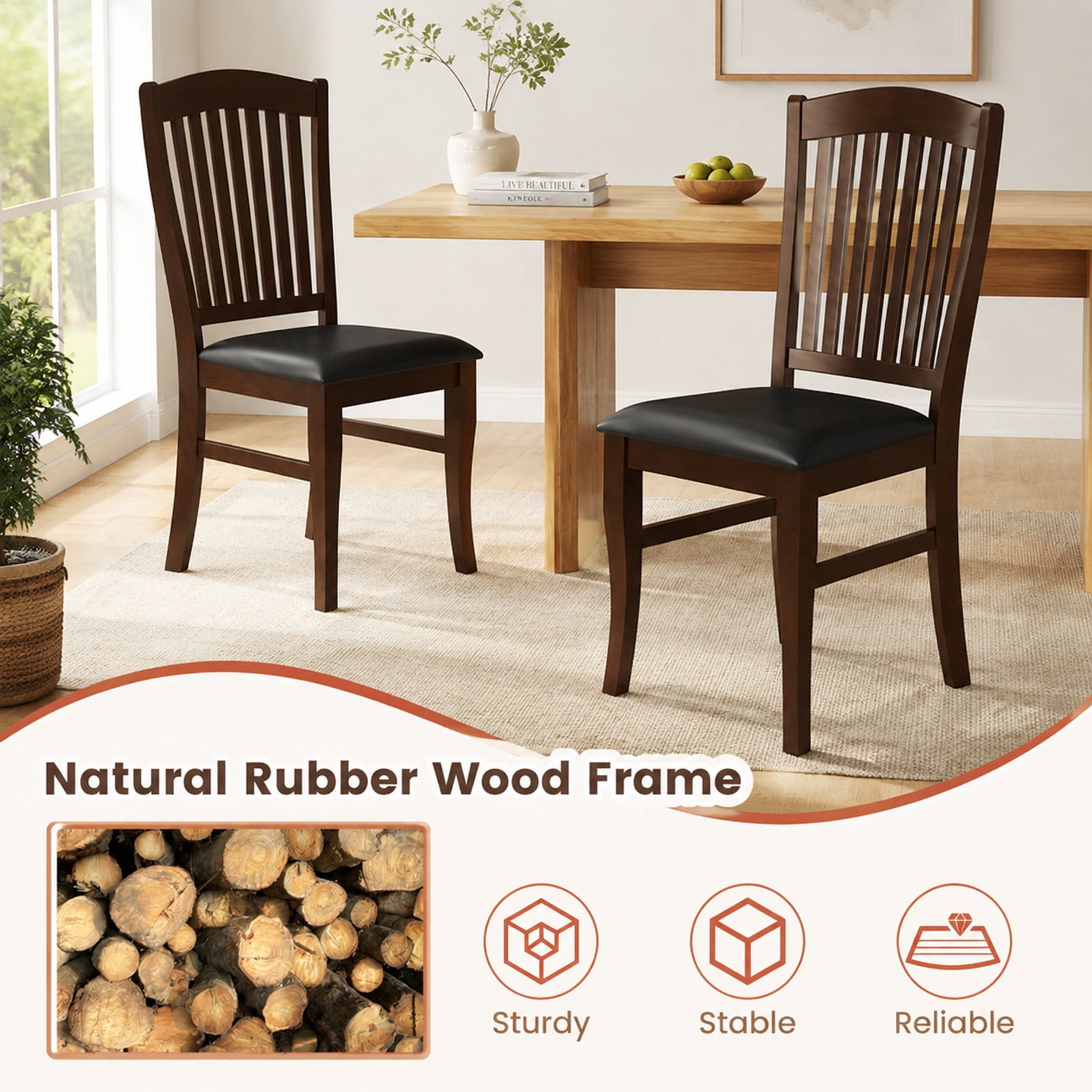 Furnibear Mid Century Dining Chairs Set of 2 Armless Kitchen Side Chairs with Solid Rubber Wood Frame and Curved Legs, Coffee