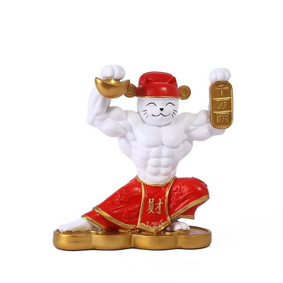 Lucky Cat Power Figurine - Gold Fortune Cat with Muscular Design | Resin Handmade Craft | Home & Office Decor