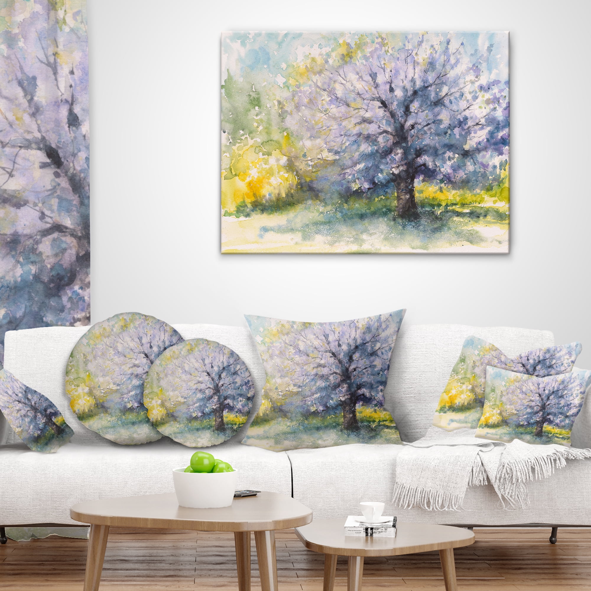 Designart Blooming Cherry Tree - Watercolor Floral Throw Pillow - 16x16
