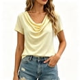 thumbnail image 2 of Ayolanni Soft Womens T Shirts Solid Short Sleeve Business V-Neck Blouse Fitted Pleated Shirts Summer Tops Yellow L, 2 of 5